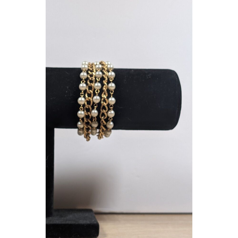 Vintage Gold Tone Faux Pearl Multi Strand Bracelet Ornate Clasp